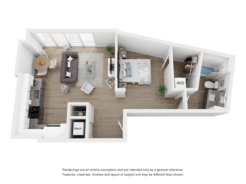 Floor plan for 1 bed, 1 bath, 713 sqft